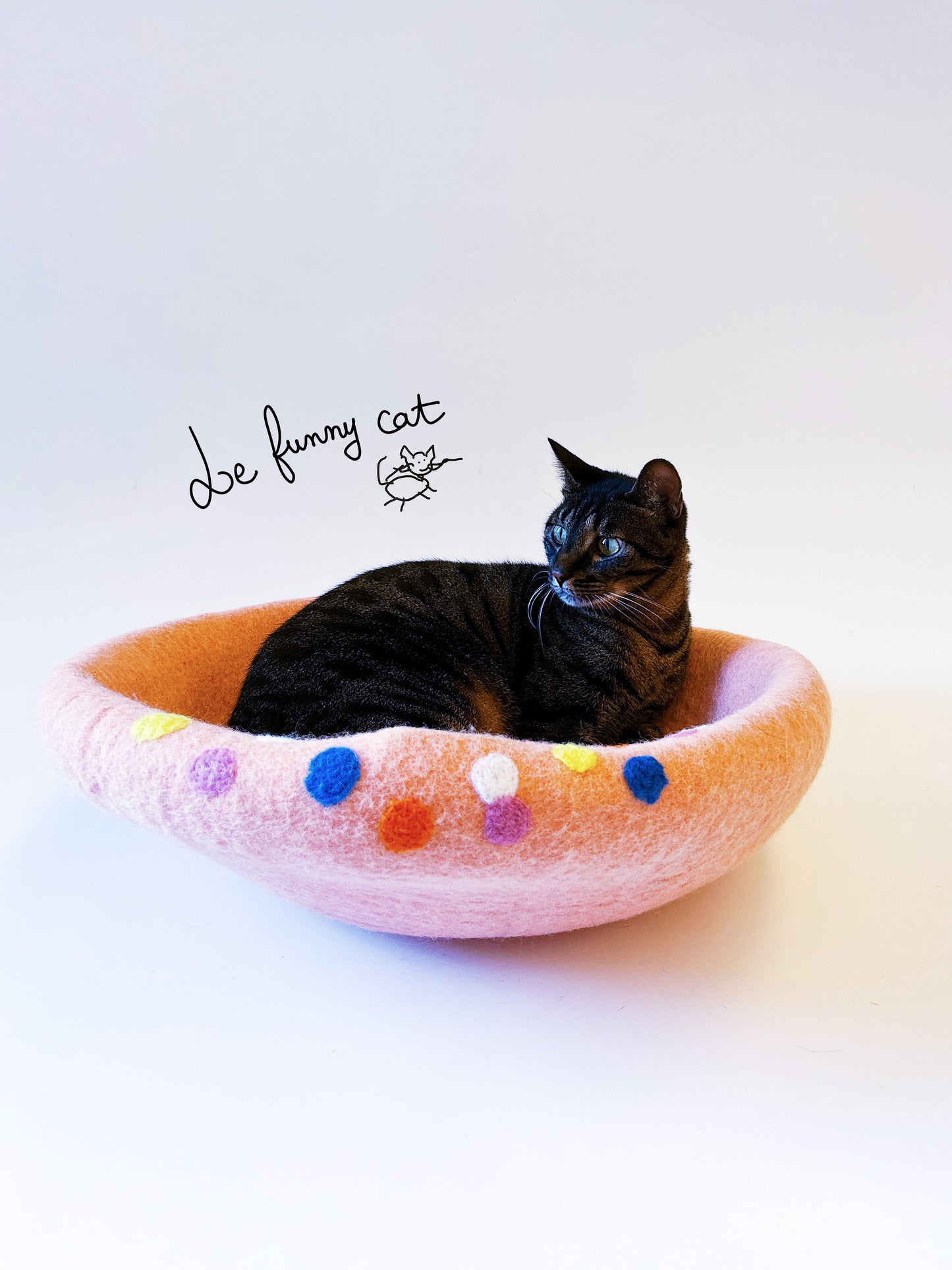 Cat relaxing inside the Candy House handmade felt cat cave