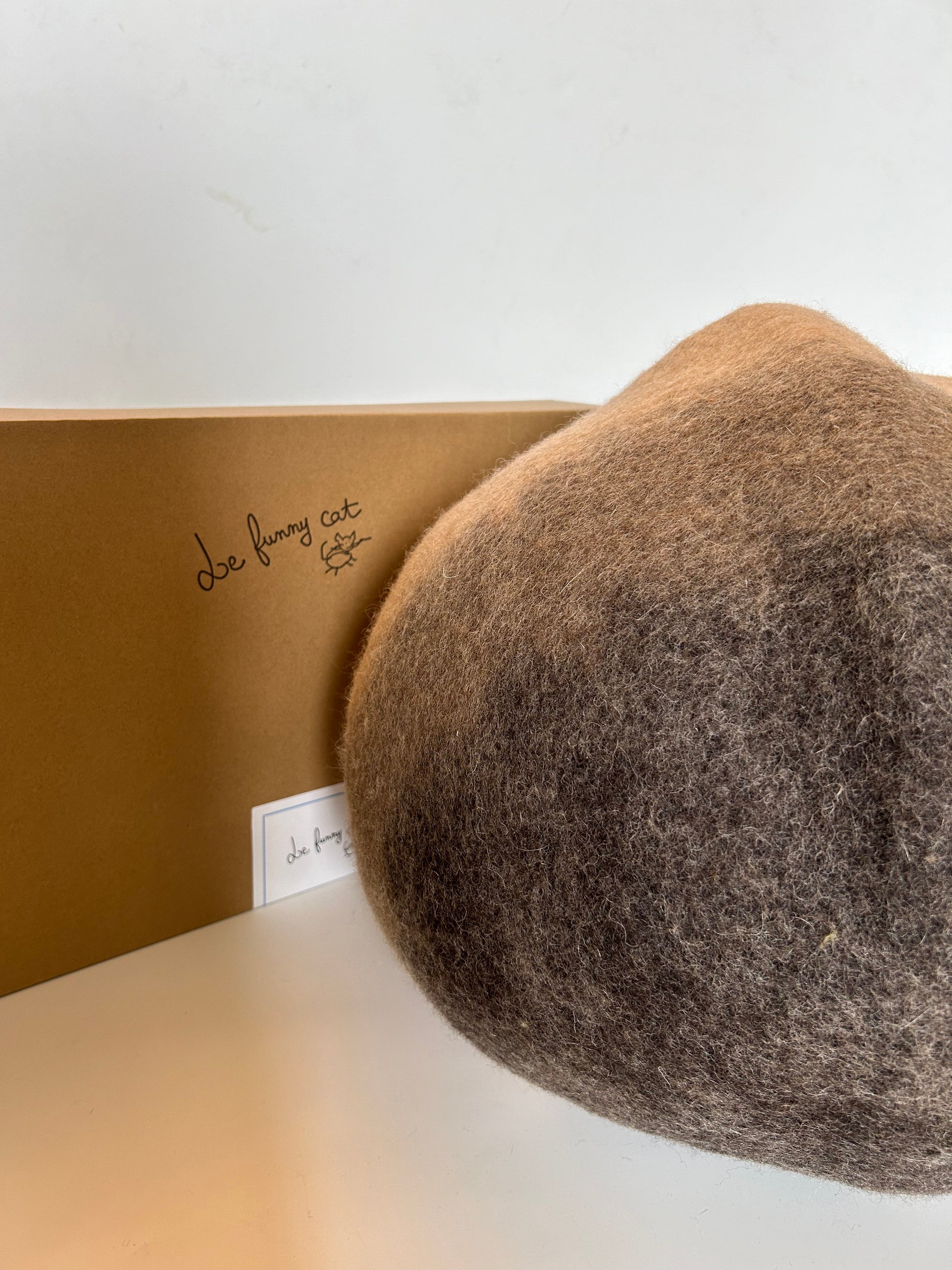 Cat relaxing inside the A Chestnut handmade felt cat cave
