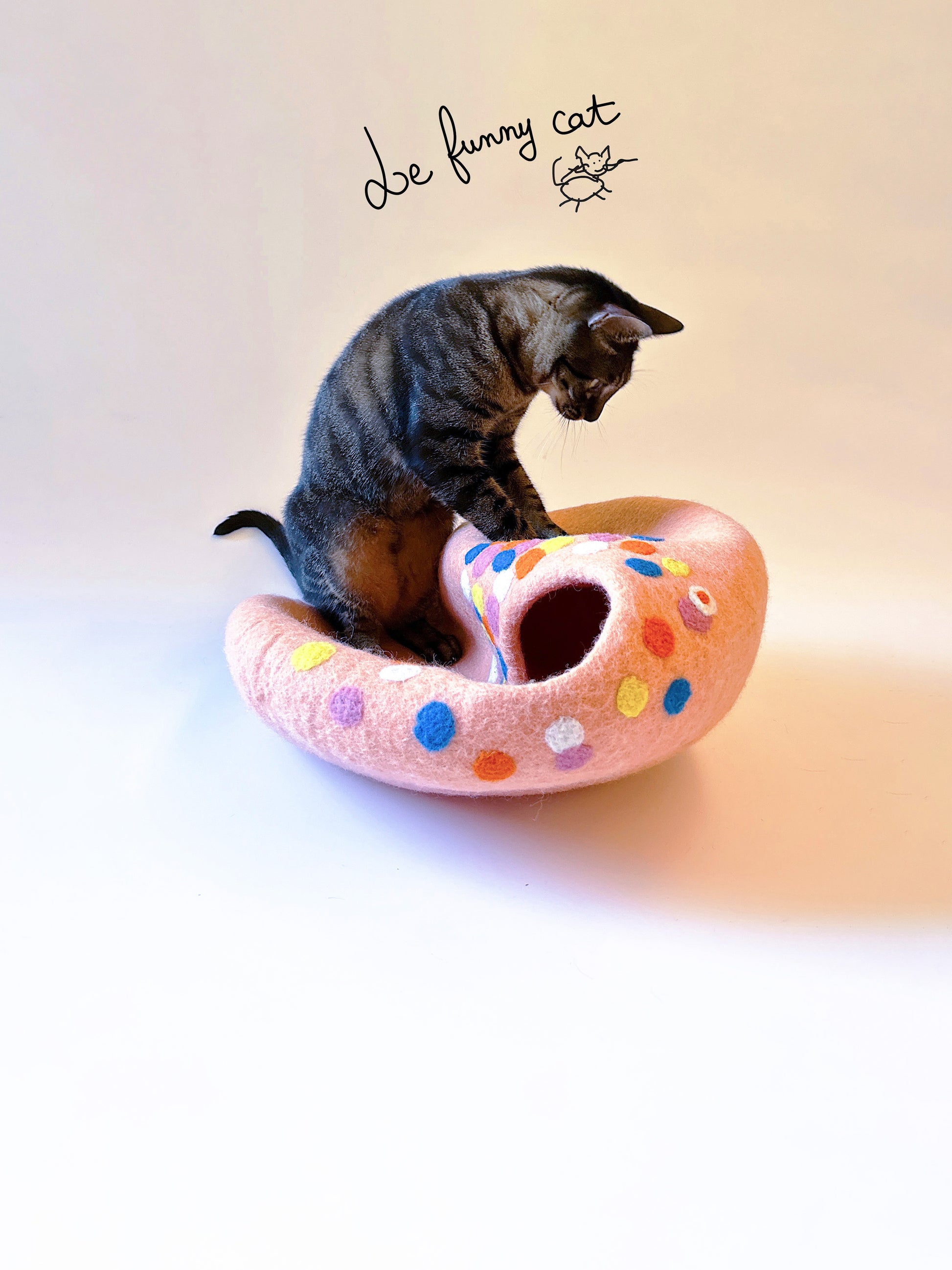 Cat relaxing inside the Candy House handmade felt cat cave