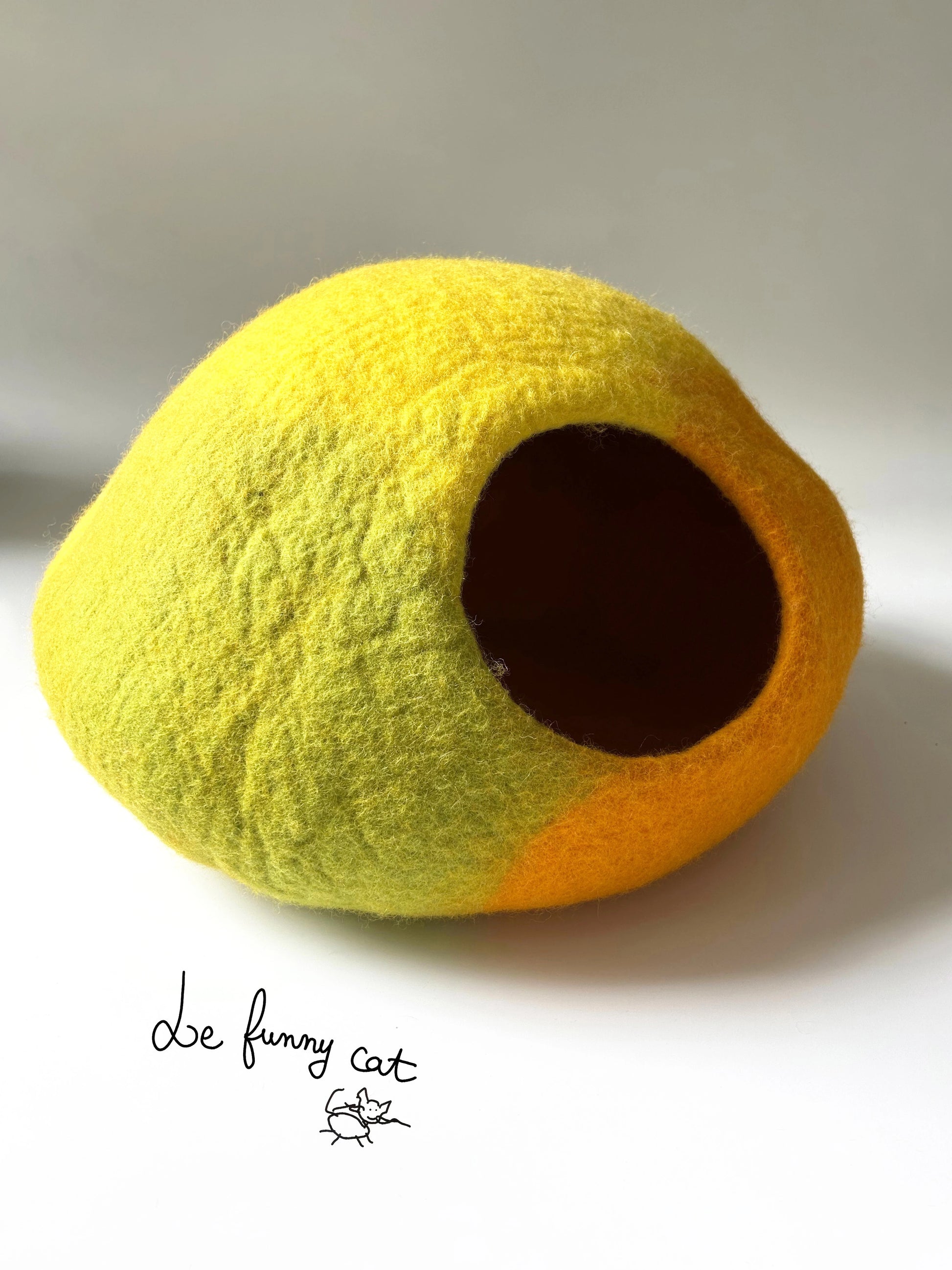 Front view of the Amalfi Lemon felt cat cave