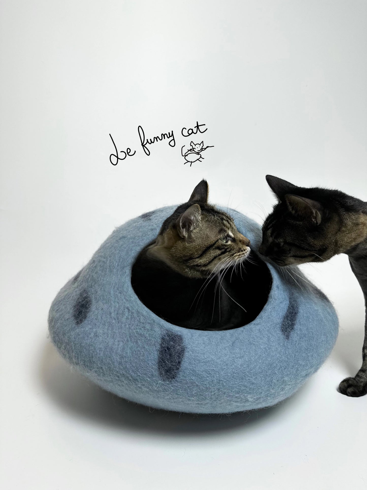 Cat relaxing inside the Mysterious Blue Crystal handmade felt cat cave
