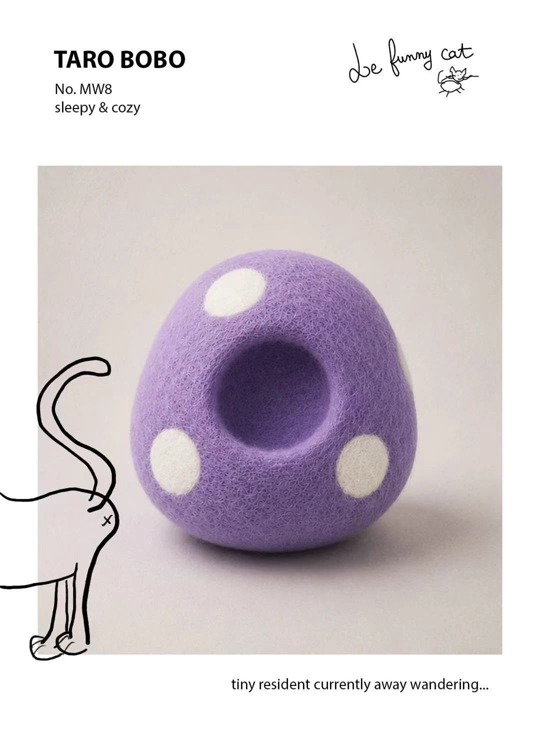 Front view of the handmade Taro Bobo felt cat magnet