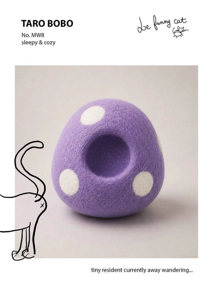 Front view of the handmade Taro Bobo felt cat magnet