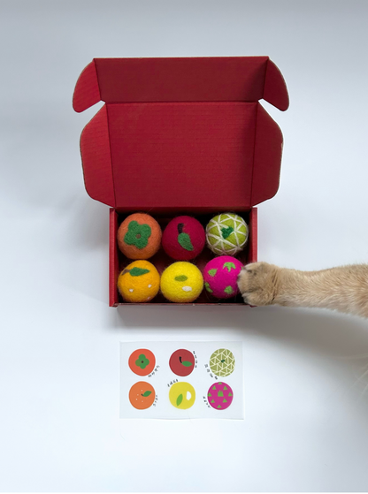 Packaging for the Fortune Fruit Box felt cat balls