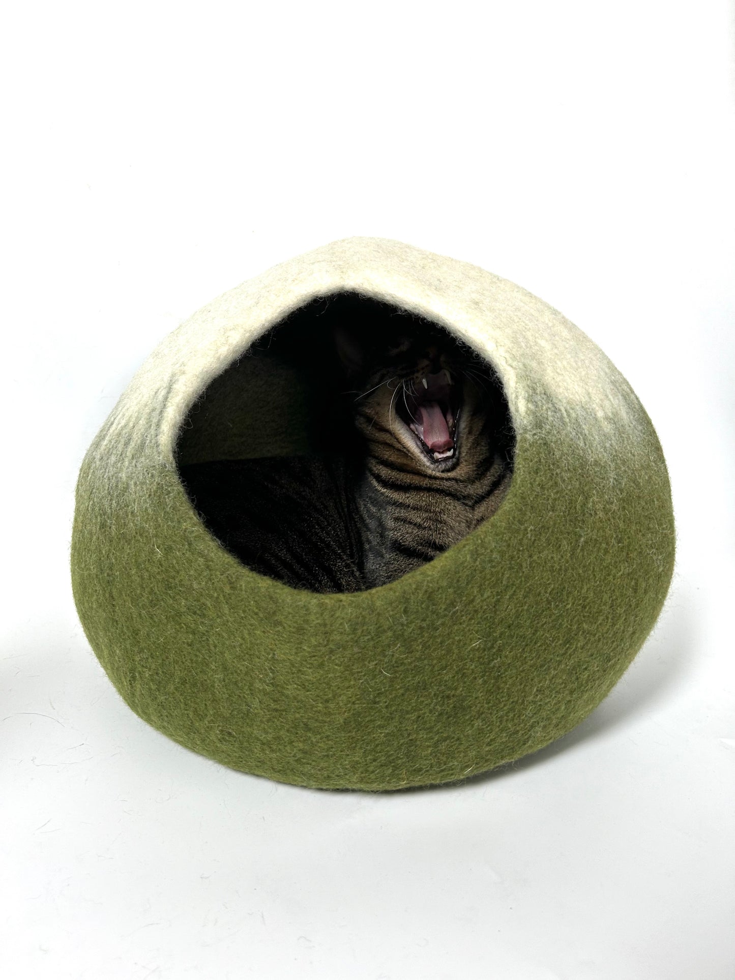 Front view of the Matcha Mochi felt cat cave