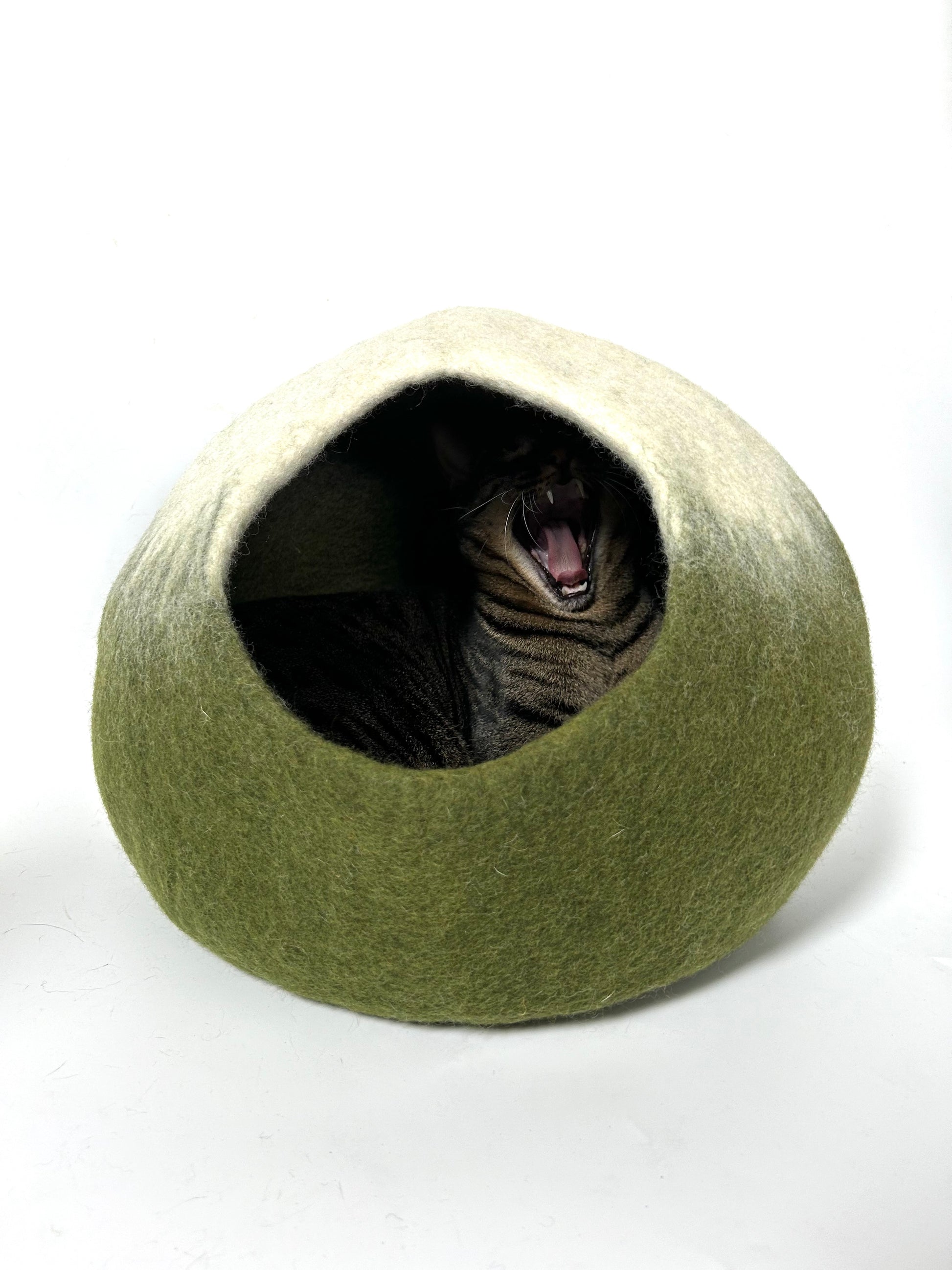 Front view of the Matcha Mochi felt cat cave