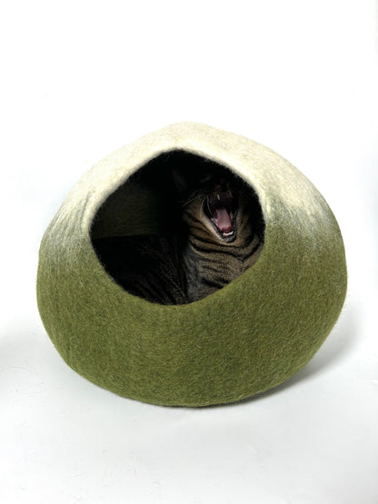 Front view of the Matcha Mochi felt cat cave
