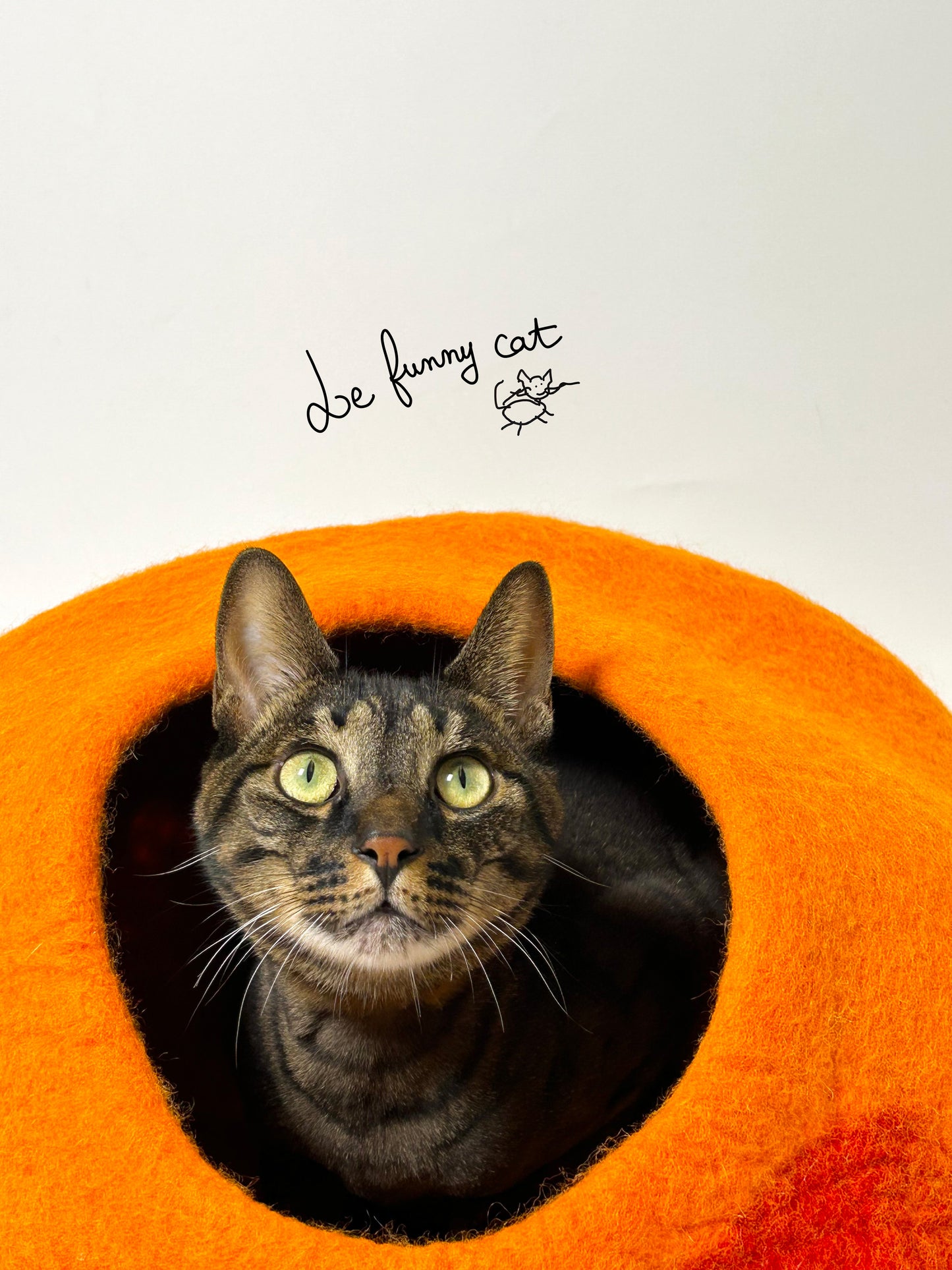Cat relaxing inside the Warm Sunset handmade felt cat cave